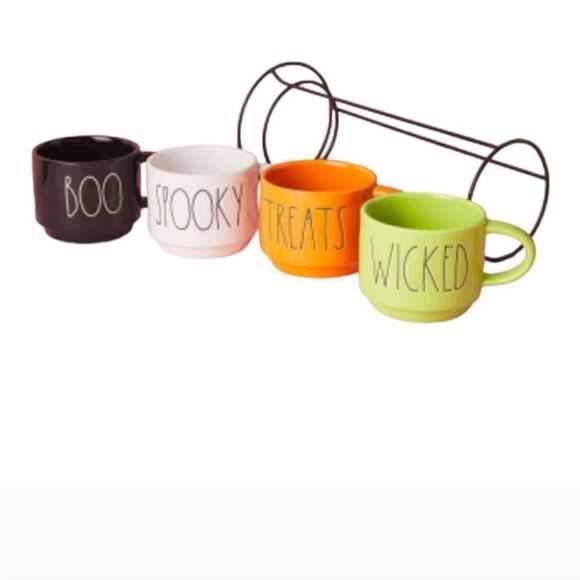 Rae Dunn 4pc Halloween "treats," "wicked," "spooky," "boo" Mugs With Wire Rack - Picture 2 of 2